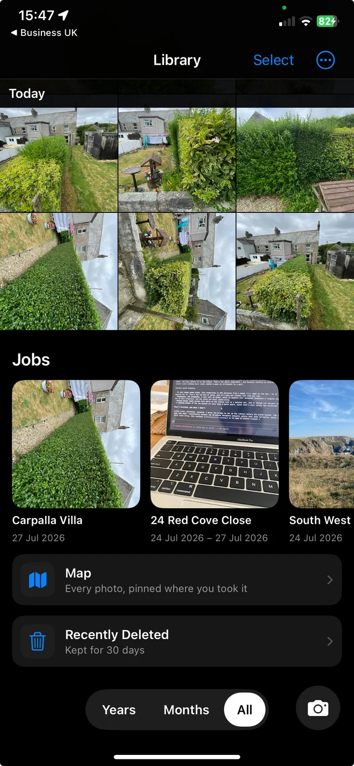 KerbCam library showing garden visits grouped by day and job