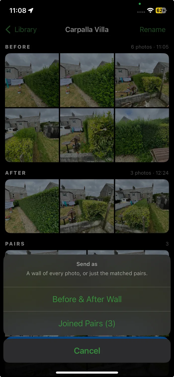 KerbCam share sheet offering a photo wall or joined before and after pairs